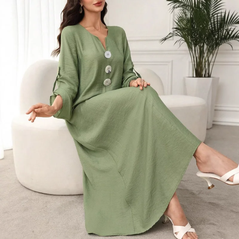 فستان نسائي كاجوال جديد فضفاض برقبة على شكل حرف V مريح بلون سادة وأكمام طويلة