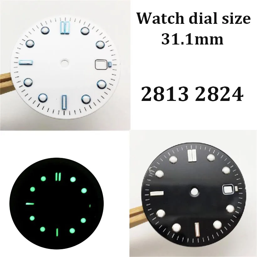 

Циферблат часов 31,1 мм, белый/черный, подходит для механизмов 2813 2824, зеленый светящийся циферблат, механические часы, аксессуары для часов