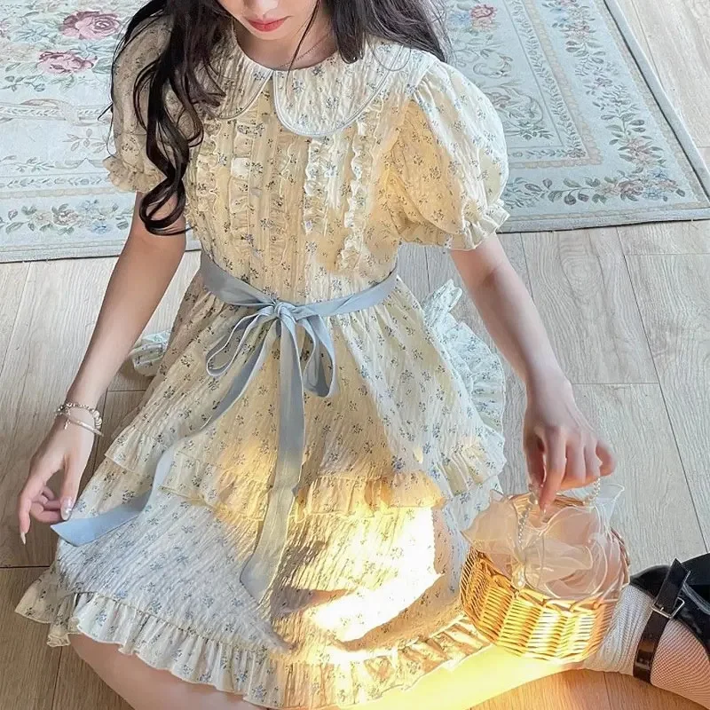 

Women's Clothing Lolita Doll Collar Summer New Sweet Ruffles Broken Flowers Midi Dress 2025 A-Line Stylish Drawstring Ddsfdfs2