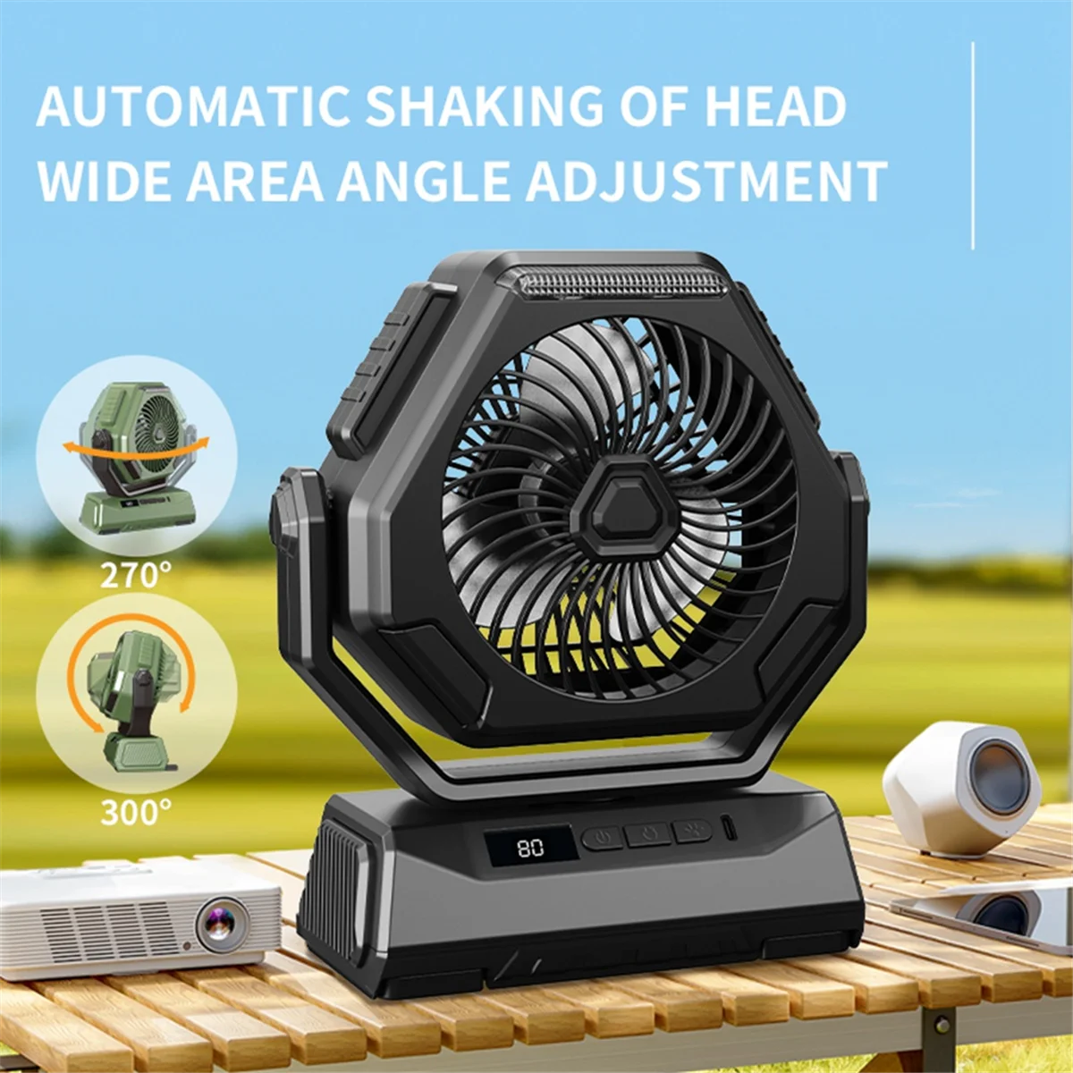 Outdoor Camping Fan 6000MAh Rechargeable Ceiling Oscillating Fan Portable Air Conditioner Air Cooler with Lighting-A