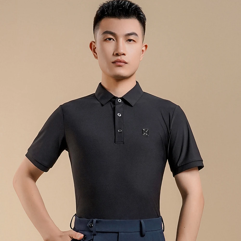 ラテンダンス ダークブルー 練習着 社交ダンス メッシュ メンズダンススーツ トップス 半袖 新品 ブラックシャツ