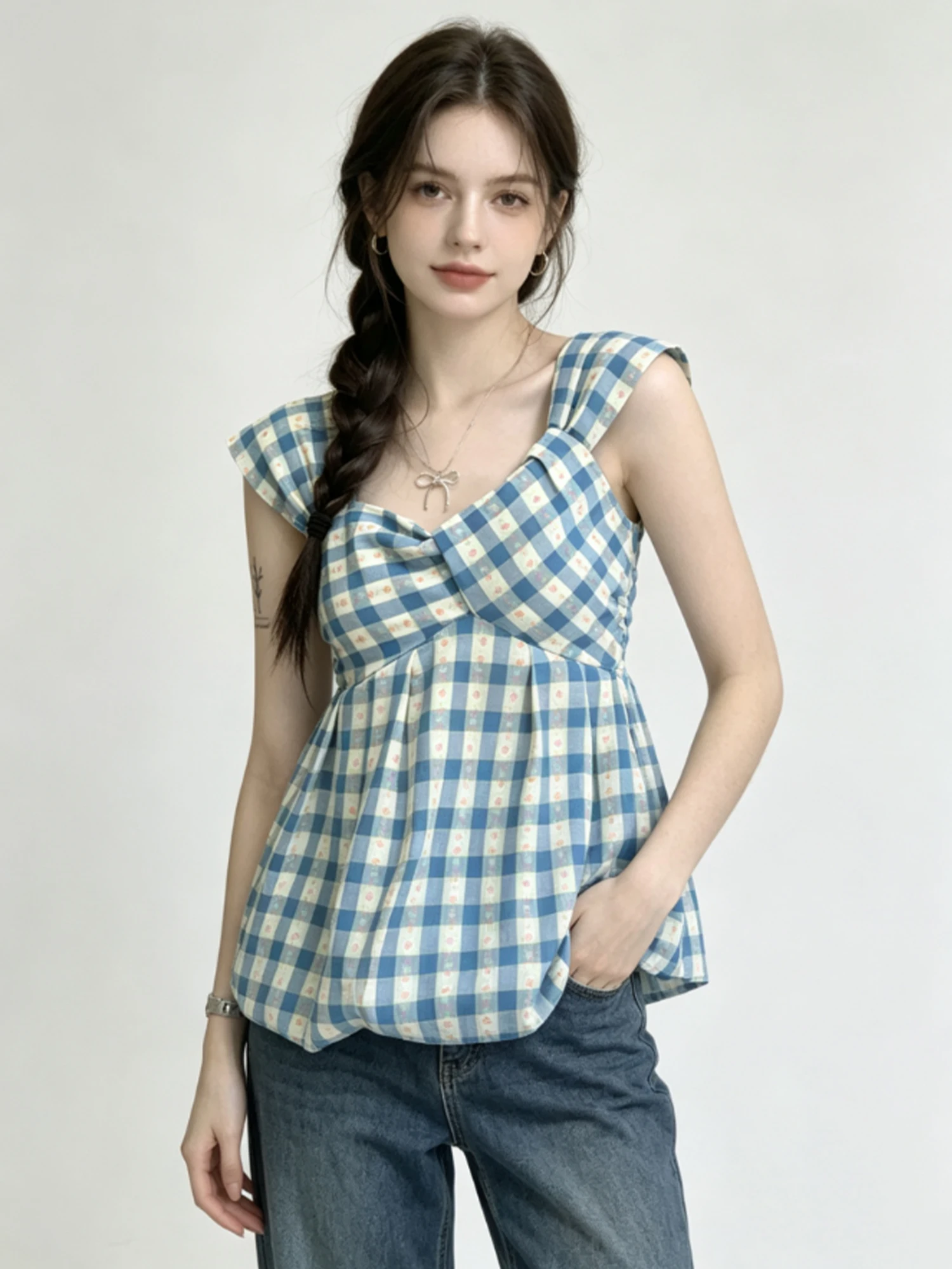 Women's Vacation Style Floral Blue Plaid Cami Top Vintage Y2K Gyaru Crop Top Loose Sleeveless Strapless Bandeau Top Summer 2026