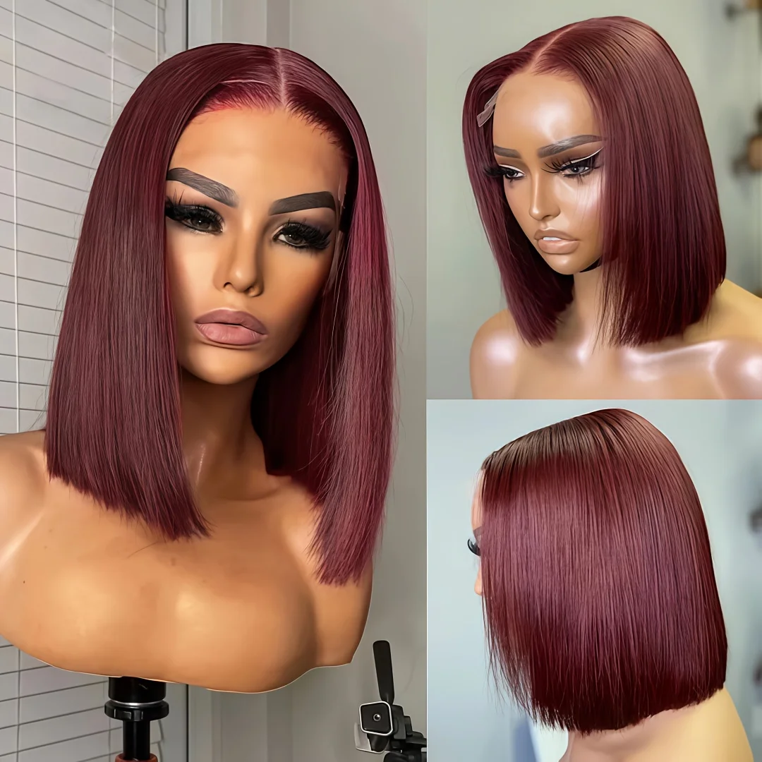 

16inch Soft Wine Red 99j Short Bob Wig Natural Silky Straight Lace Front Wigs Blunt Cut Bob Wigs For Women With Afro Baby Hair