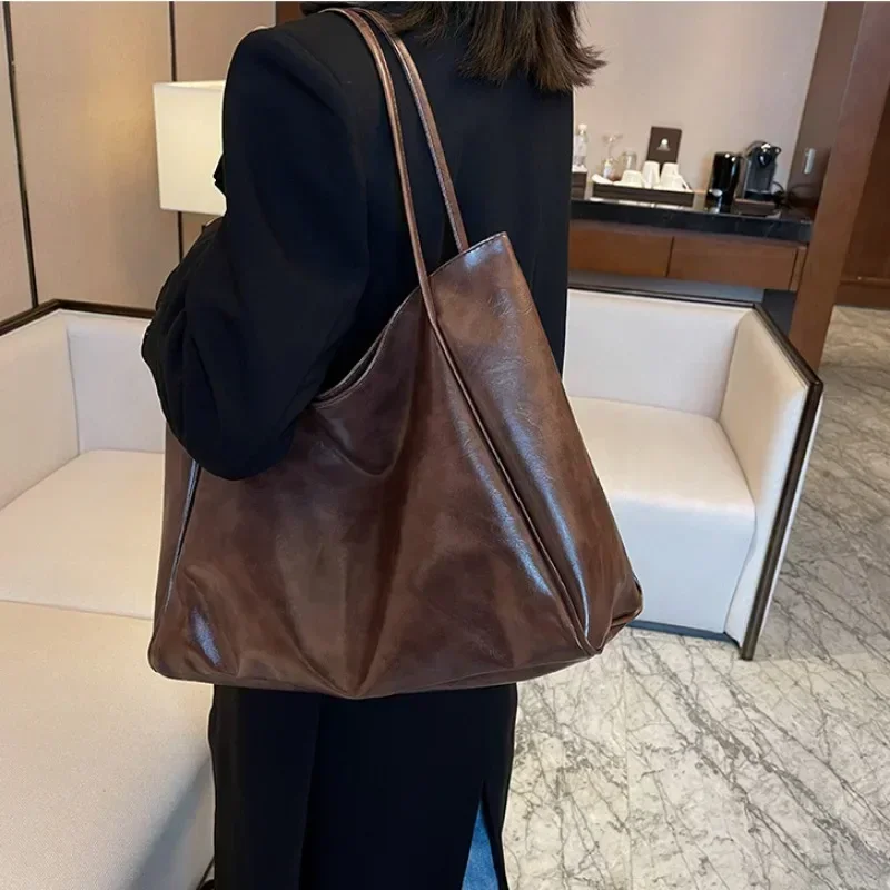 2024 Casual PU Leather Large Capacity Tote Bags for Women Fashion Solid Retro Color Zipper Female Shoulder Bag Ladies Handbag