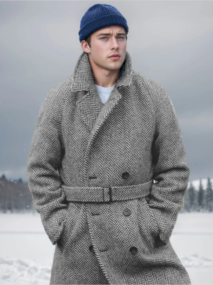 

Men's Imitation Woolen Tweed Plaid Double-Breasted Mid-Length Coat Padded Trim Thickening Winter Keep Warm Outerwear Long Coats