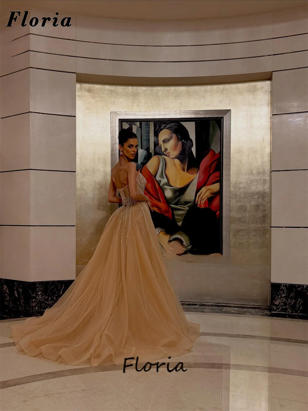 반짝 이는 샴페인 페르시 연예인 드레스 크리스탈 Strapless 이브닝 드레스 맞춤형 약혼 파티 가운 Vestidos De Cóctel