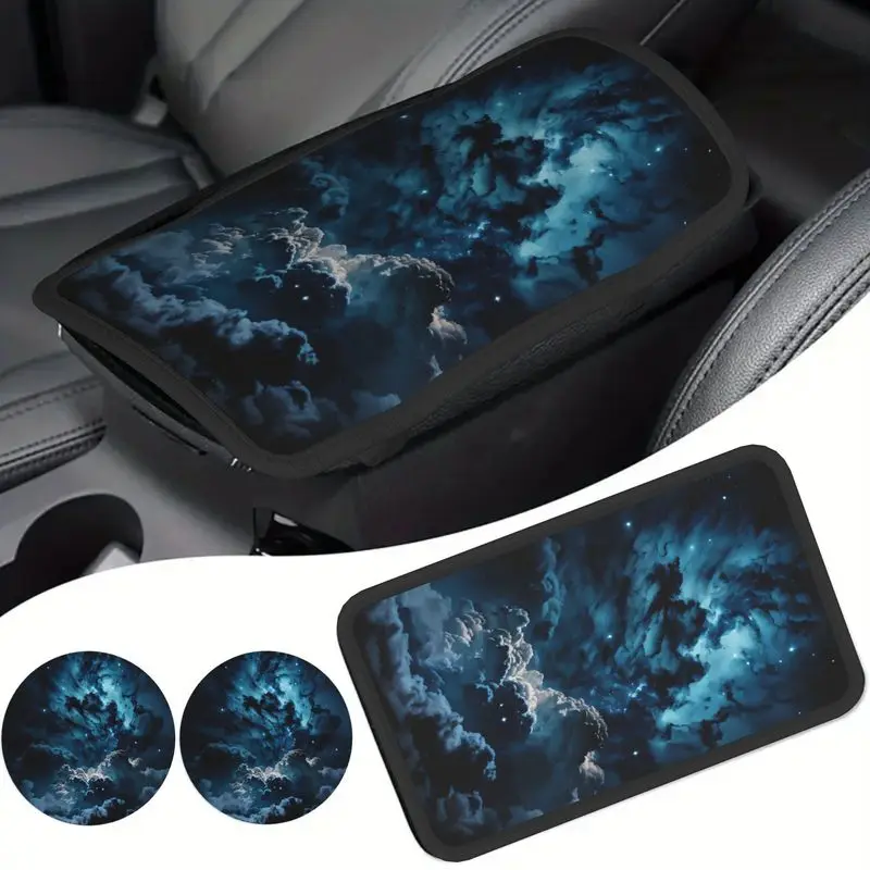 1 Pc Car Armrest Cover & 2 Pcs Cup Coasters Set, Galaxy Nebula Cloud Print, Car Interior Accessories