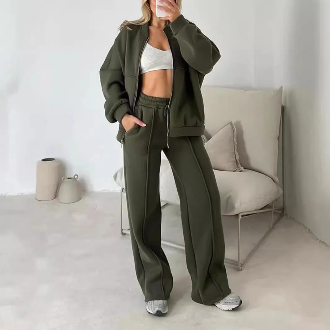 Femmes pantalon décontracté ensemble automne/hiver fermeture éclair veste décontractée pantalon à jambes larges 2 pièces ensemble tenues nouveau 2025 mode sport femmes costume