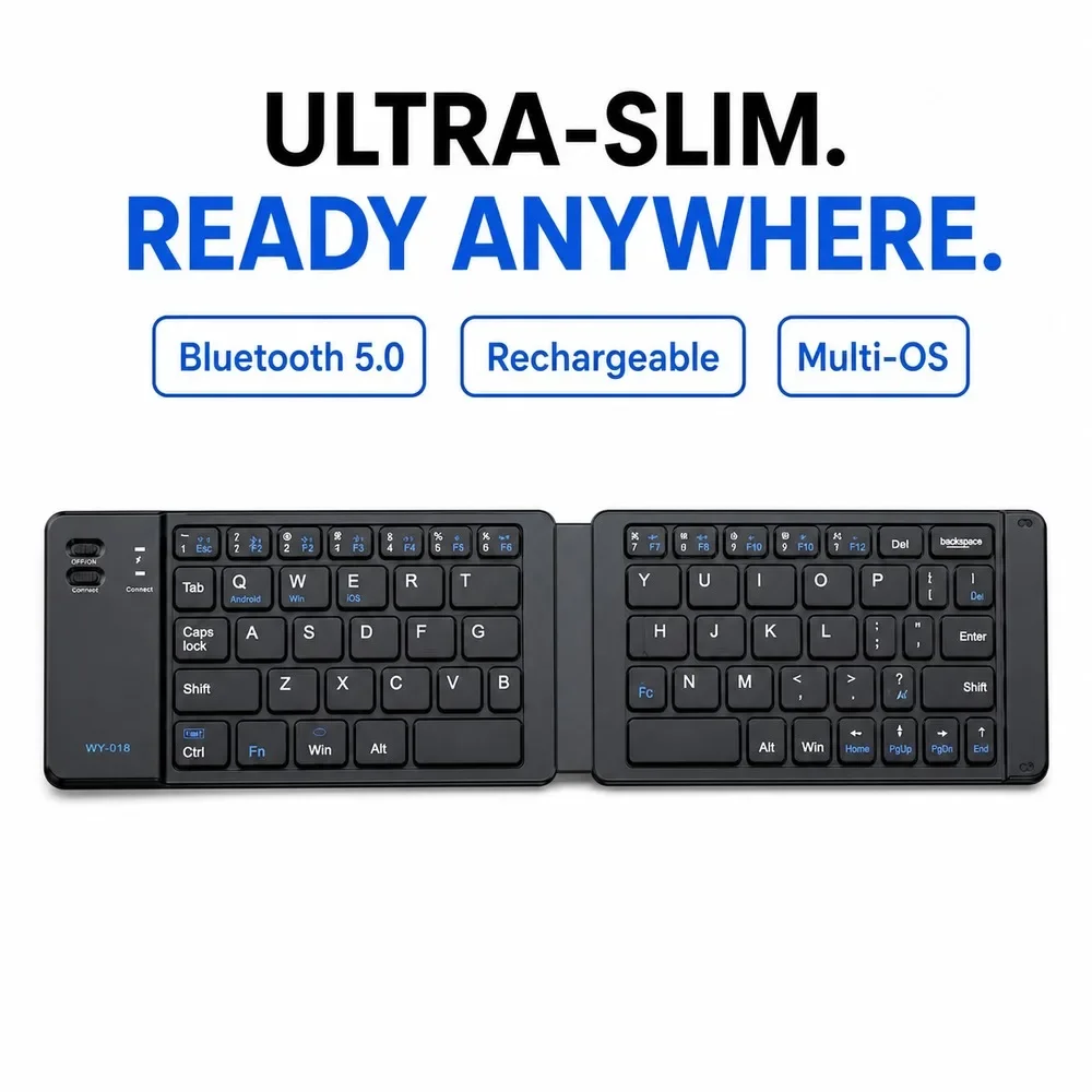 Portable Bi-Fold Bluetooth 5.0 Keyboard Rechargeable Quiet Slim Travel Keyboard For Smartphone Tablet Laptop Multi OS 06
