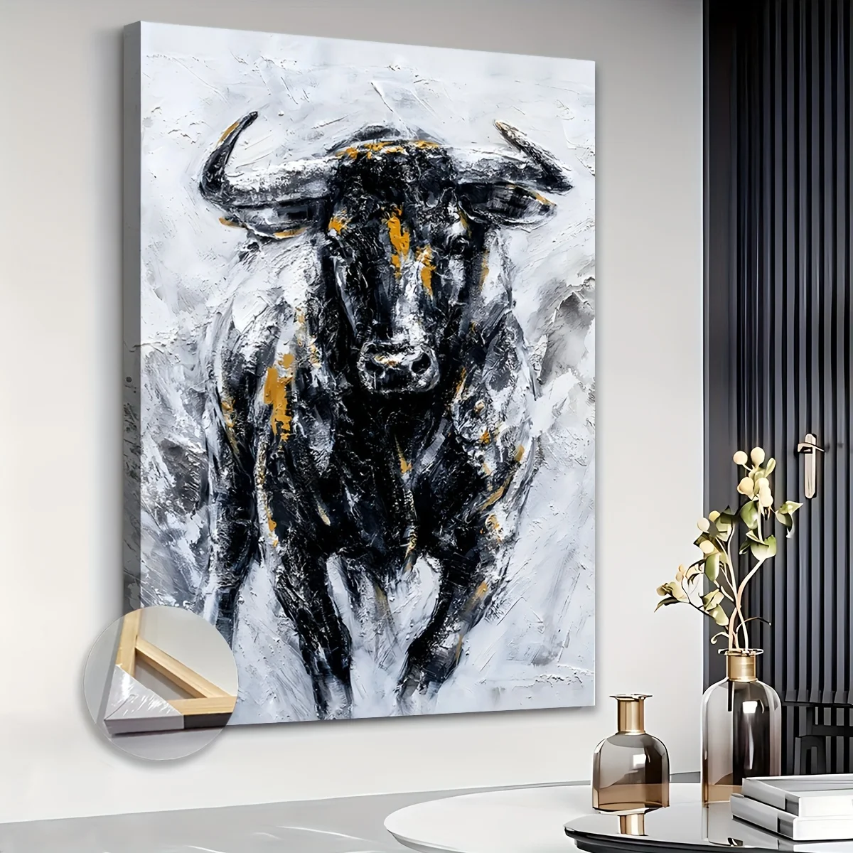 1PC Oversized Modern Abstract Cow Canvas Wall Art Wooden Frame Living Room Bedroom Home Office Wall Art Decoration Hangable