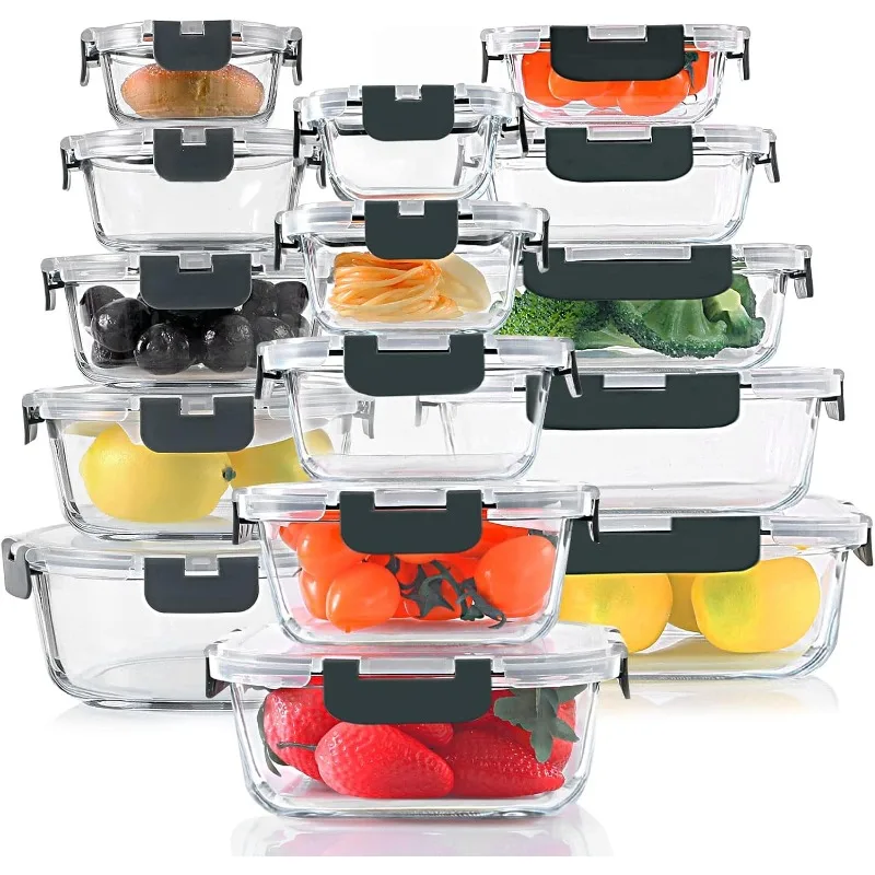 30 Pieces Glass Food Storage Containers Set, Glass Meal Prep Containers Set with Snap Locking Lids, Airtight Glass  Containers