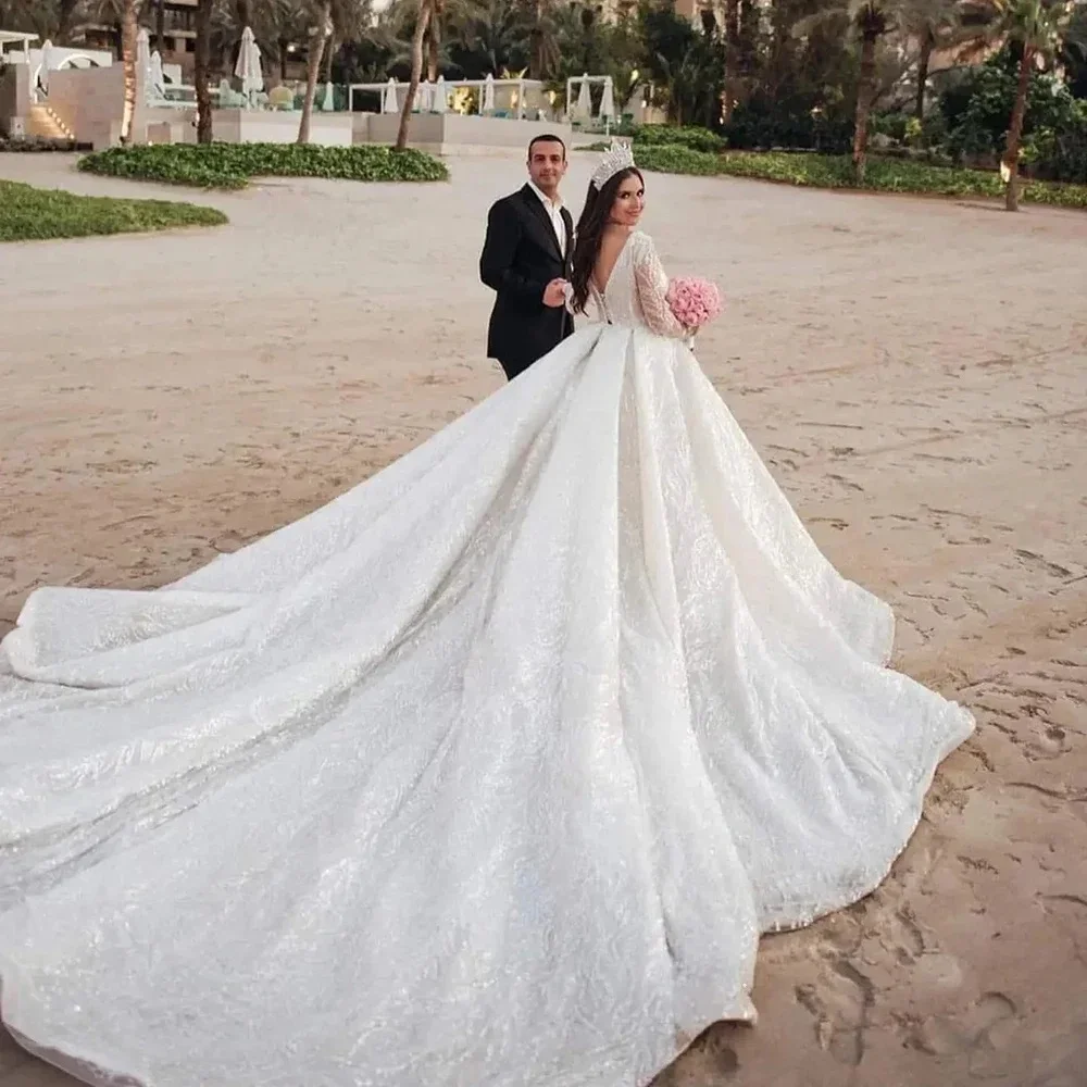 Flavinke Gaun Pengantin Kerah V Elegan Kustom Gaun Pengantin Putri Manik-manik Payet Renda Pakaian Wanita Pernikahan Pengantin 2025