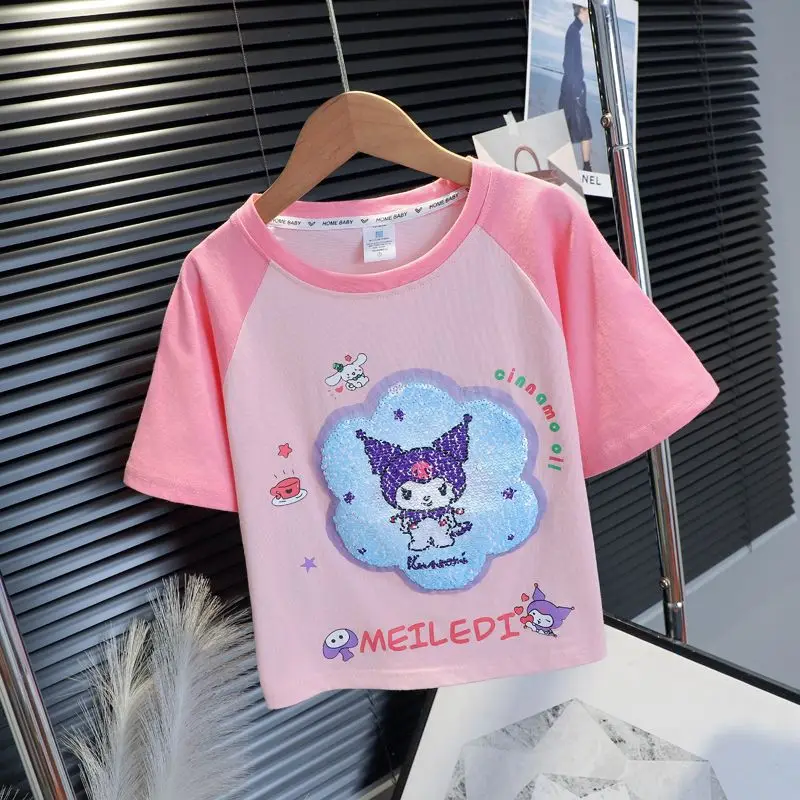 New Sanrioed My Melody Kuromi Girls' Fashion Set Summer Kid T-Shirt Casual Pants Cartoon Embroidered Short Sleeves Trousers Set