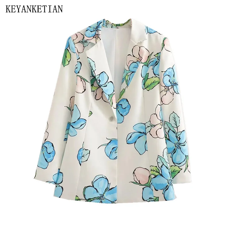 

KEYANKETIAN 2024 New Pastoral style Flower Print Suit Coat Autumn One-Button Women's Slim Outerwear Fashion Notched Collar Top
