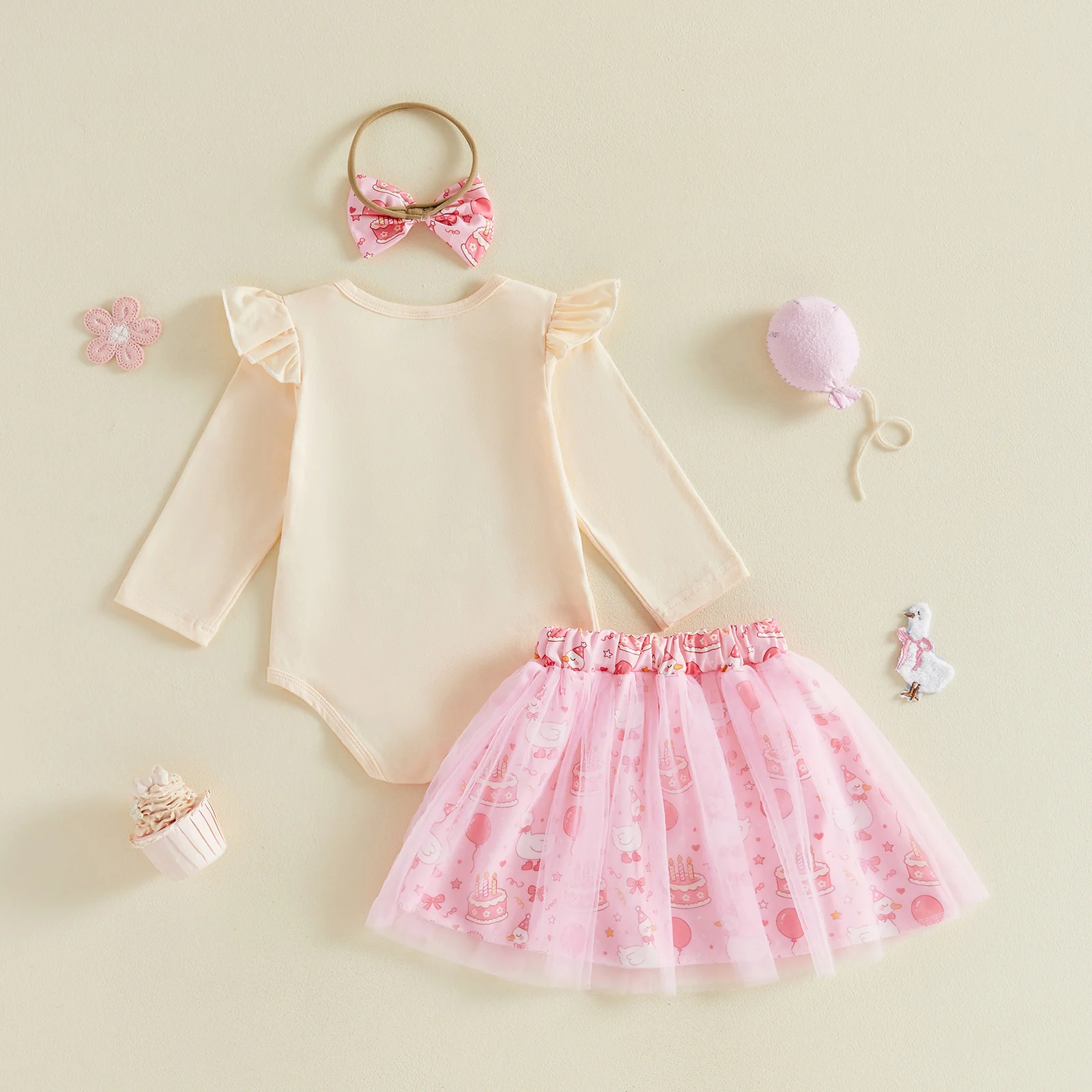 Baby Girl 1st Birthday Outfit Long Sleeve Letter Embroidery Romper Tulle Mesh Skirt Headband Sweet Baby's Sets