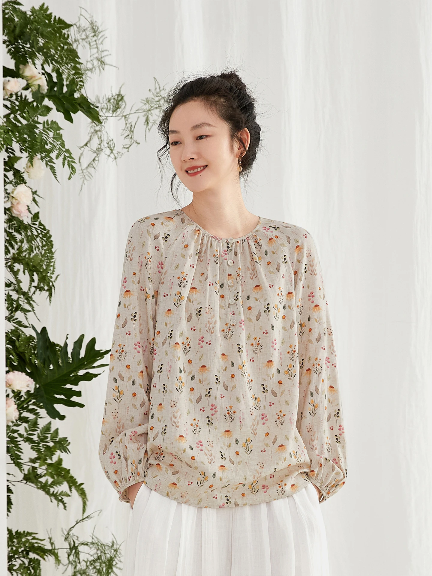 

Retro Floral Print Long Sleeve Linen Cotton Women's Shirt Spring Summer Elegant Printed Overhead Top round Neck Loose Fit