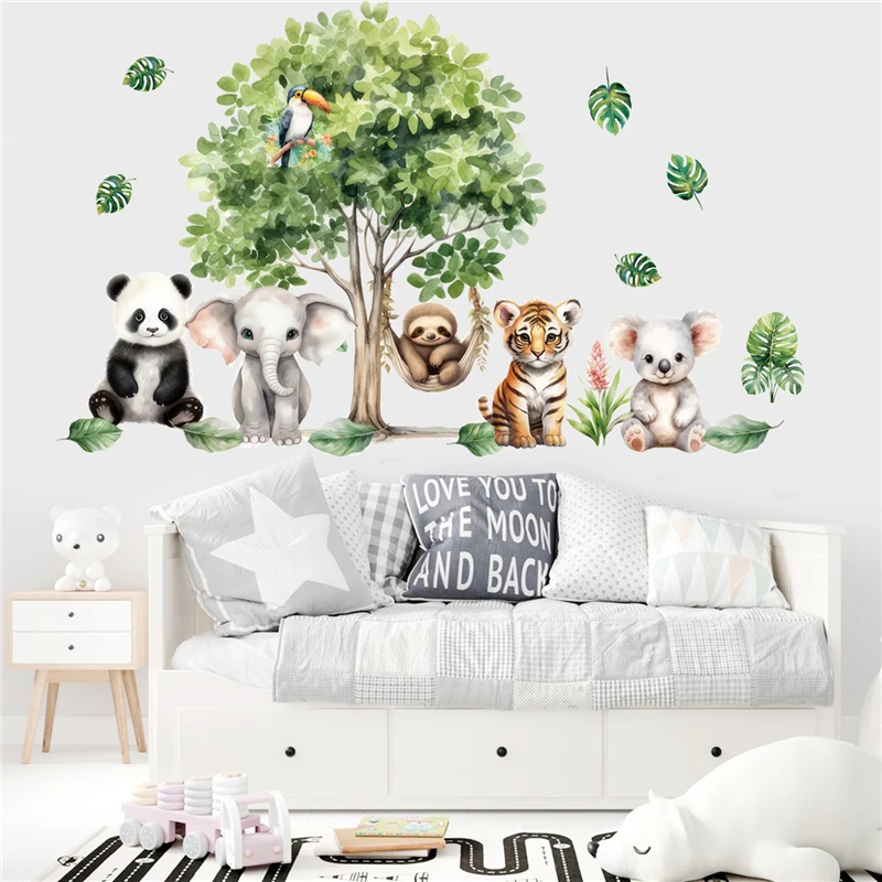 Cute Tiger Panda Koala Elephant Wall Stickers For Kids Room Decoration Cartoon Animals Party Mural Art Pvc Posters Home Decals