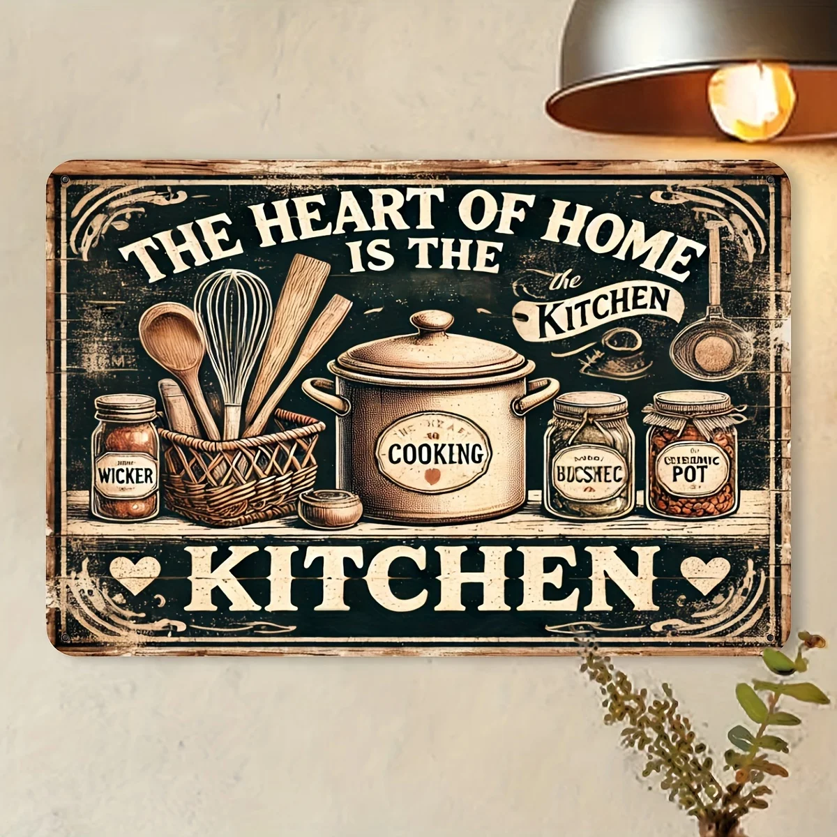 Letrero de hierro para colgar en la pared "El corazón del hogar es la cocina", placa de metal retro clásica, impermeable y a prueba de polvo, sin electricidad
