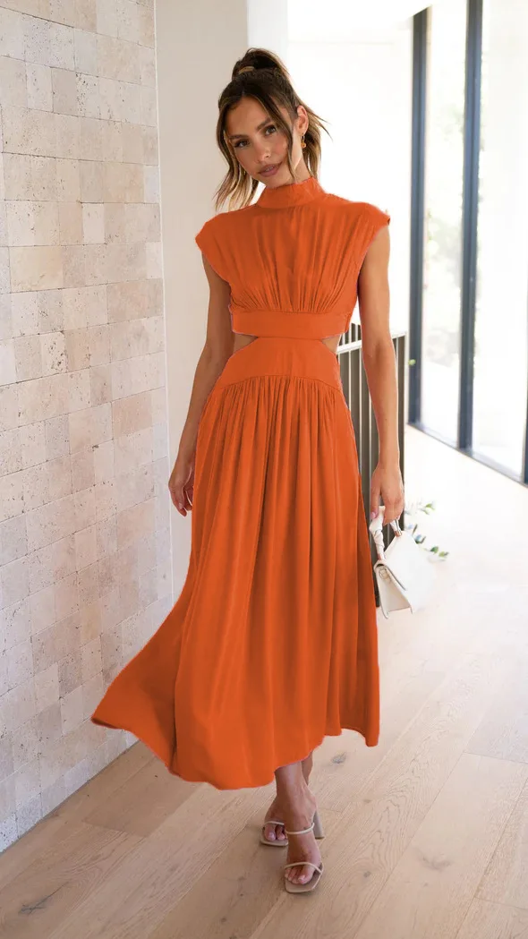 Summer New Mid-length Wide Dress Sweet And Fashionable Street Stand-up Pleated Dress Solid Color Waistless Long A-line Dress