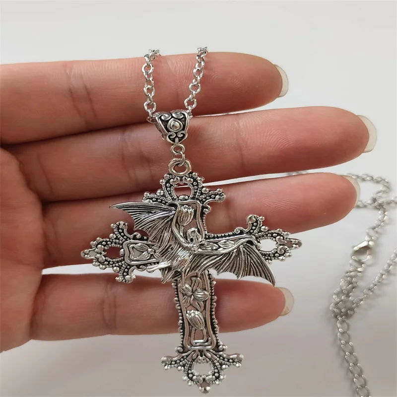 Large Bat Cross Necklace Pendant Floral Filigree Victorian Vintage Gothic Style Great Gift for Her Protection Amulet