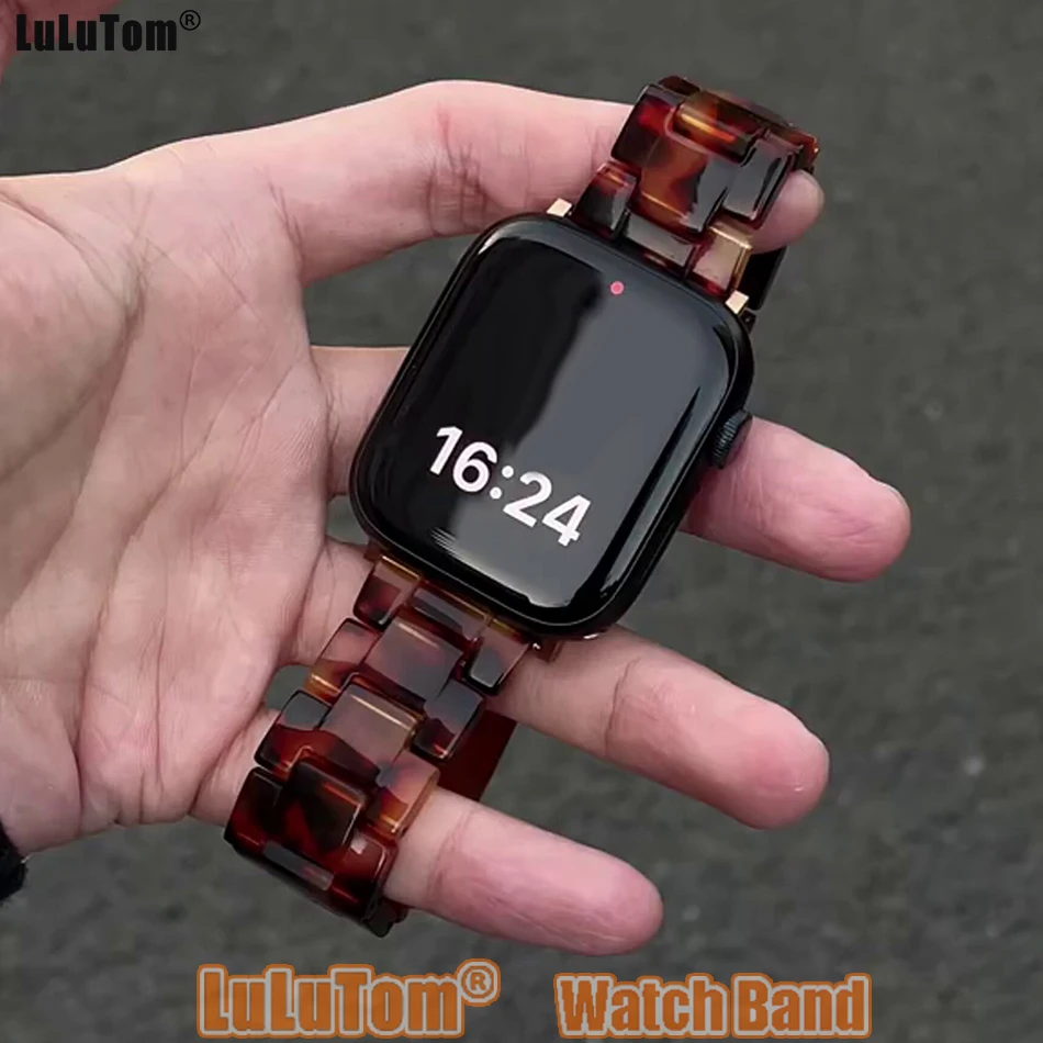 

Модный ремешок из полимерной смолы для Apple Watch Series 11, 10, 9, 8, 7, 6, SE, Ultra, iWatch 49/46/45/44/42/41/40/38 мм, янтарный, под черепаховый панцирь