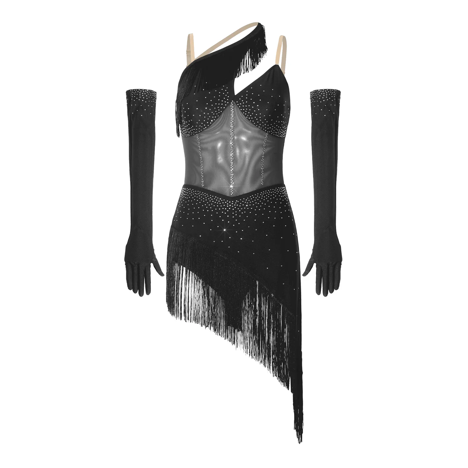 Damen Latin Samba Cha Cha Tanzkleid mit Strass-Mesh-Fransen, Asymmetrischem Rock und Langen Handschuhen, Wettbewerbs- und Aufführungskostüm – Detail 17