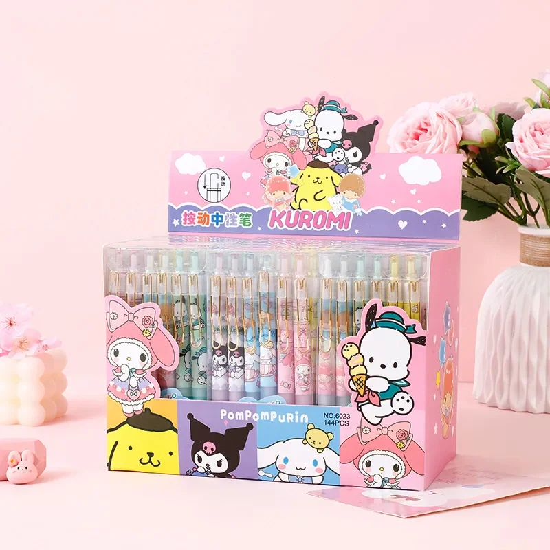 New Sanrio Cute Gel Pen 12pcs Kuromi Melody Cinnamoroll Pochacco Student Stationery Write Pens 0.5 Black School Kid Exam Tool