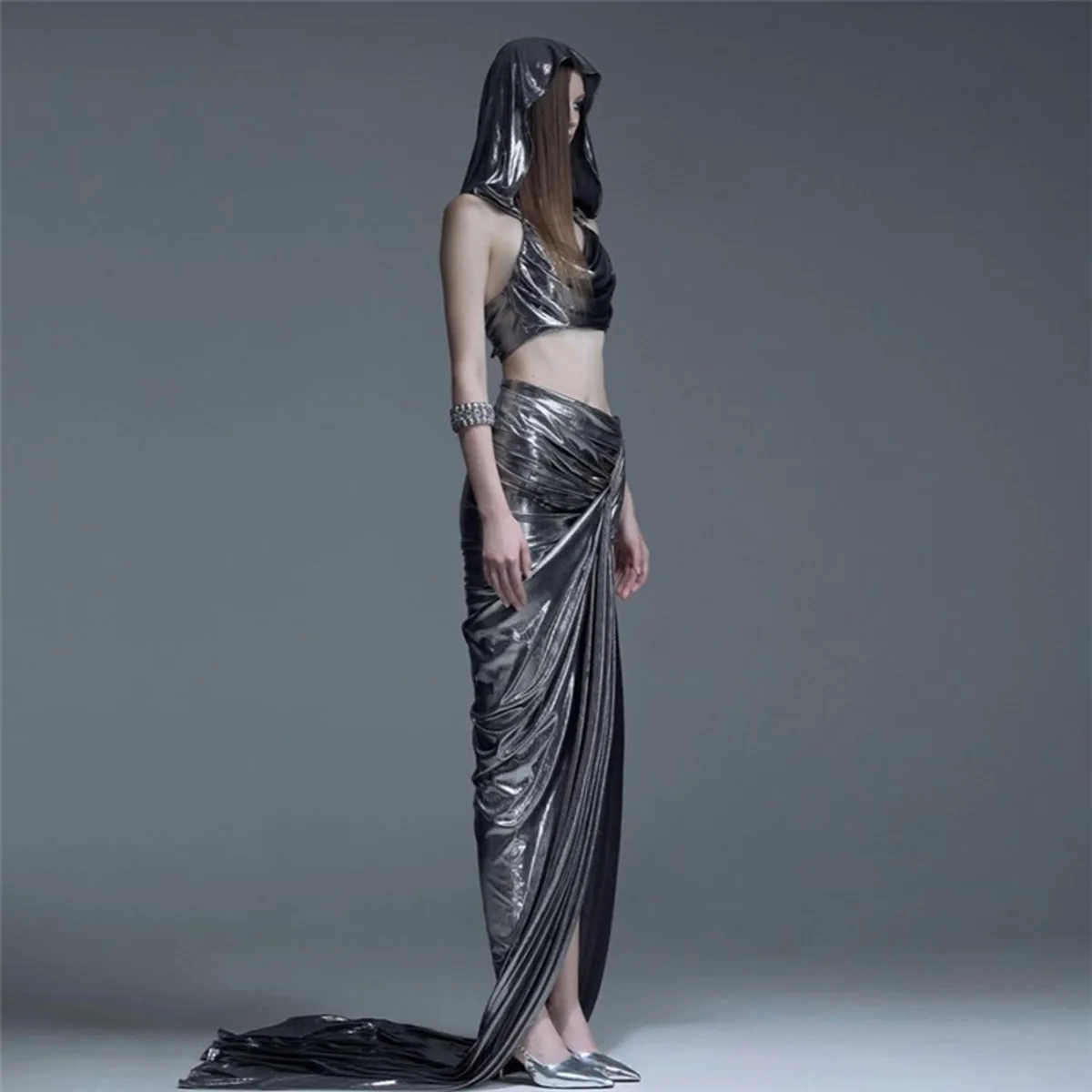 KWTX デザイナー ヴィンテージ エレガント クリスマス パーティー ドレスセット フード付き ホルターベスト ミディスカート スリムフィット ストリートウェア 春夏ファッション