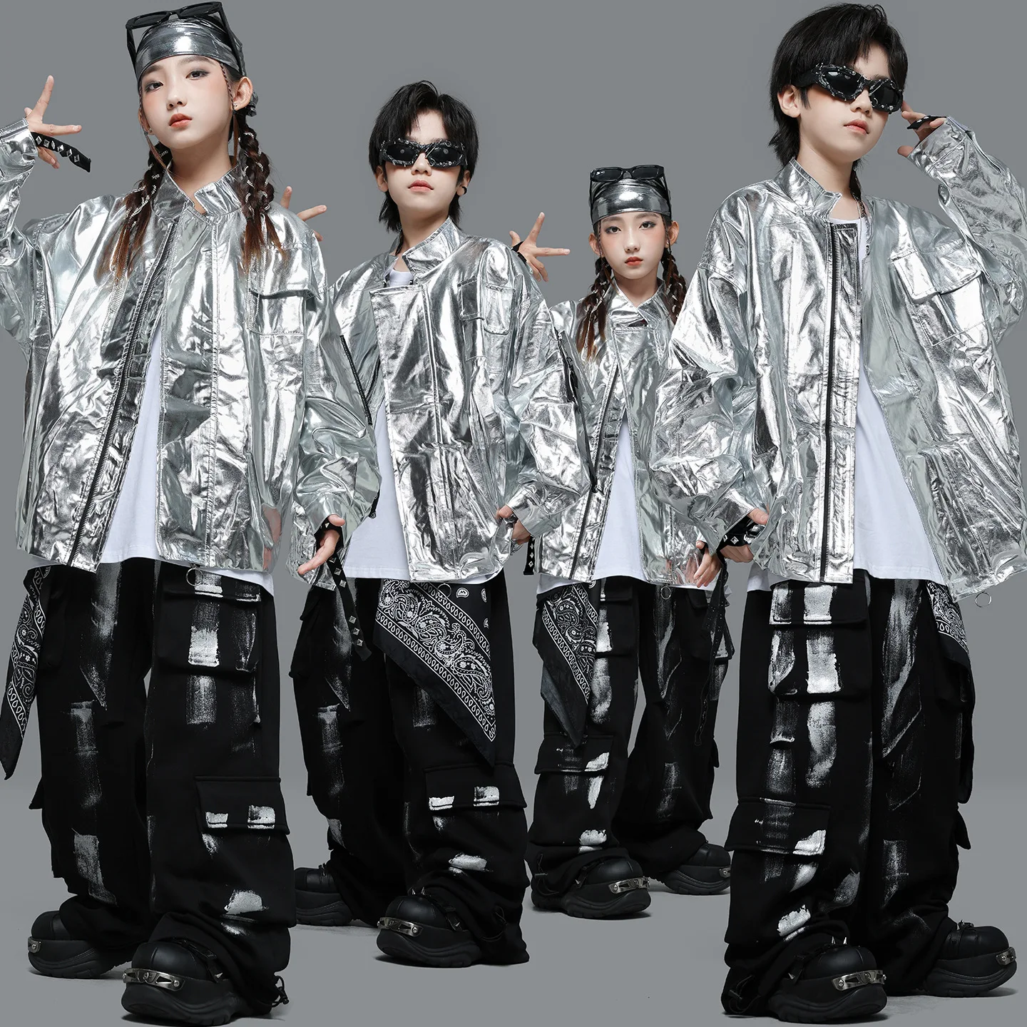 Kid Kpop Hip Hop Clothing Silver PU Metalic Motorcycle Jacket Black Print Multi Pockets Cargo Pants for Girl Boy Dance Costumes