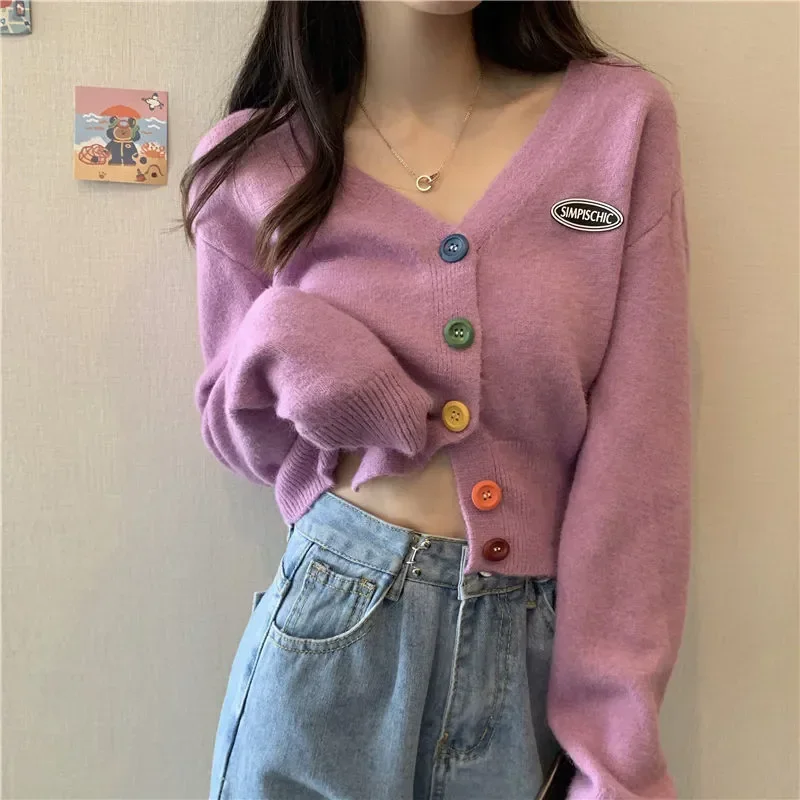 2021 Autumn Women New Gentle Purple Soft Wind Sweater V-neck Loose Winter Tops Korean Sweet Casual Cardigan Knitwear Indie Coat