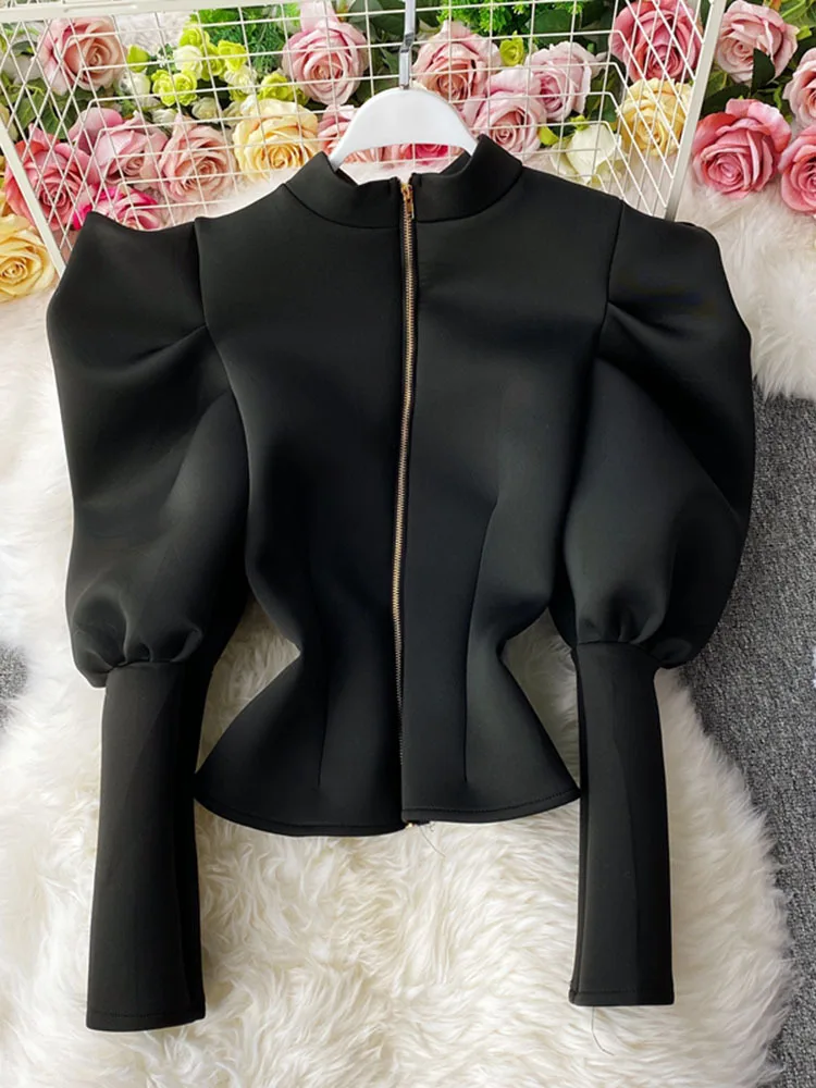 2023 Temperament Stand-Up Collar Shirt Women New Sping Autumn Winter Slim Long-Sleeved Puff Sleeve Top GX1462