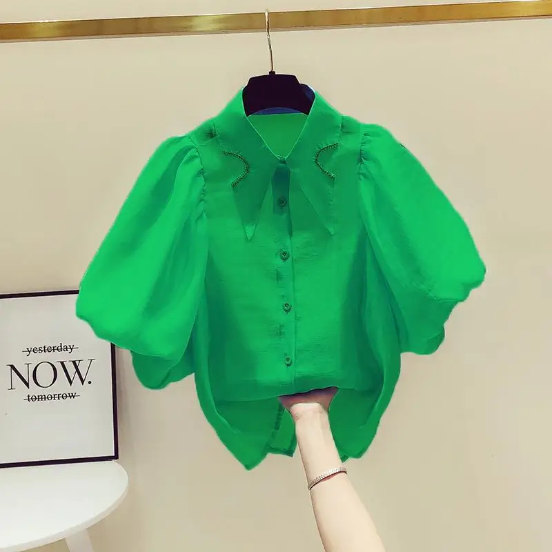 White Shirt Women Fashion Loose Puff Sleeve Blouse Korean Style Summer Short Sleeves Office Tops Thin