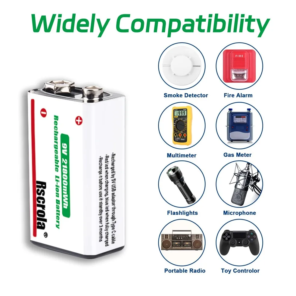 بطارية قابلة للشحن 9 فولت شحن USB-C، بطارية ليثيوم أيون 9 فولت تدوم 2100 ميجاوات في الساعة مع كابل مجاني، لإنذار الدخان والكاميرا والساعات والصوت