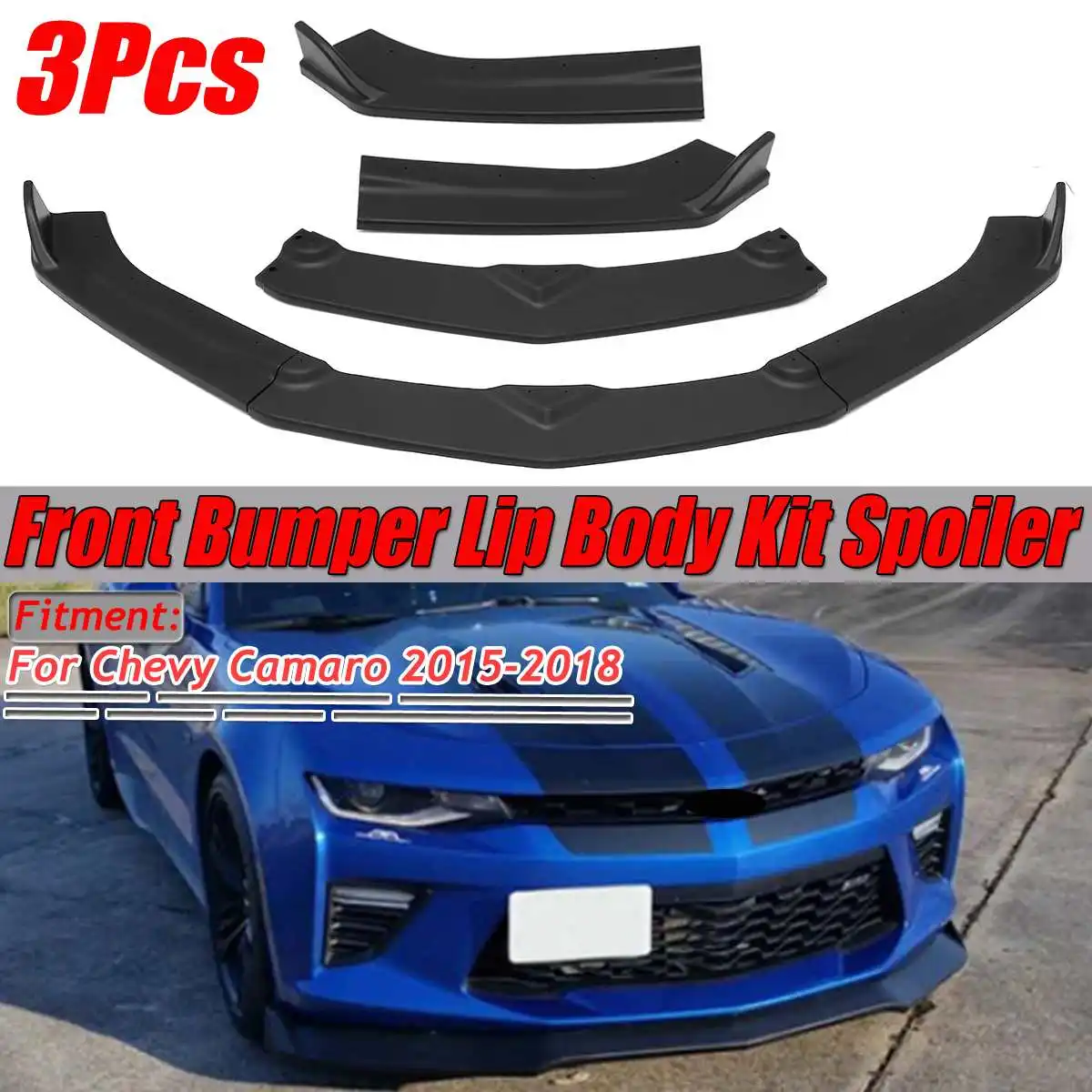 Mattschwarzer 3-teiliger Frontstoßstangen-Splitter-Lippen-Bodykit-Deflektor-Spoiler-Diffusor für Chevy Camaro 2015 2016 2017 2018