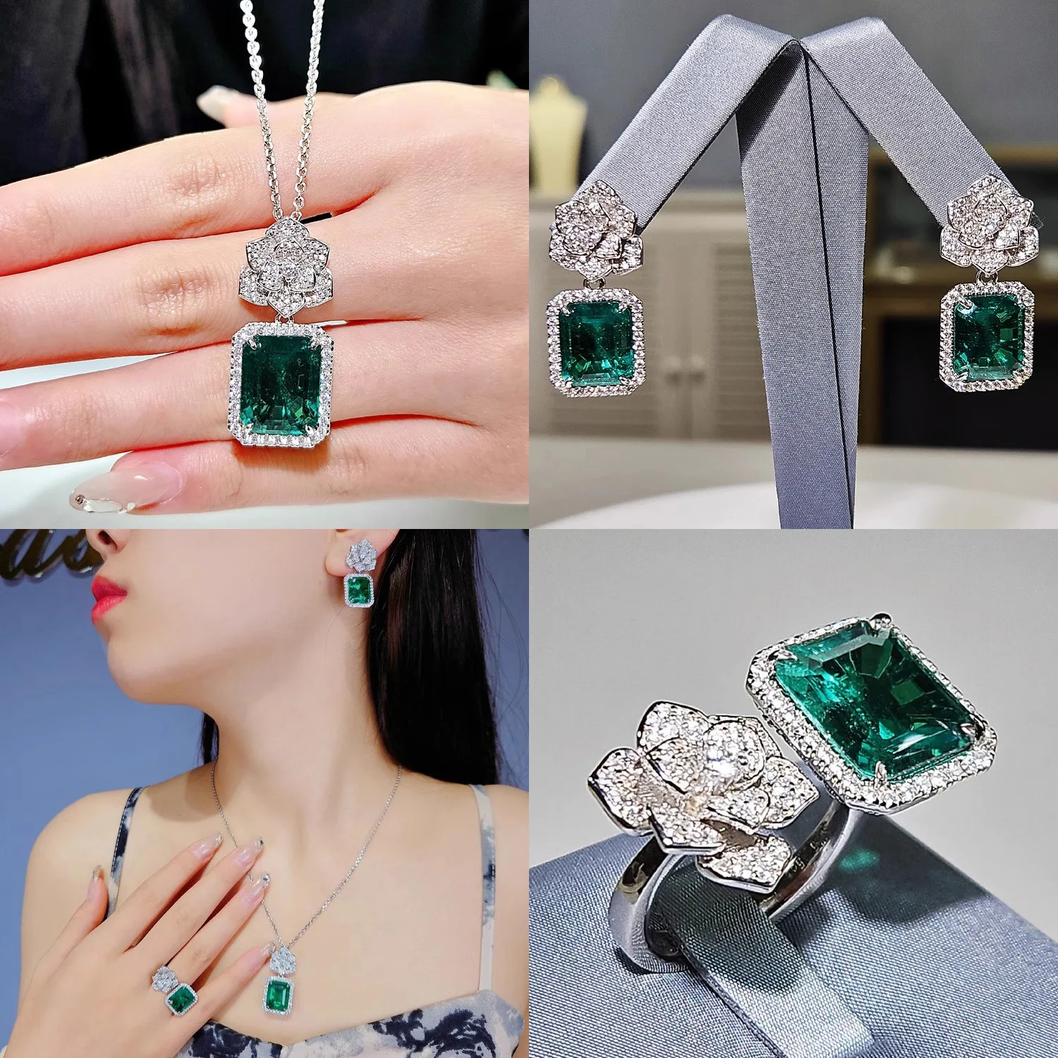 

High end jewelry imitation emerald camellia full zircon earrings necklace rose ring set for women's banquet jewelry