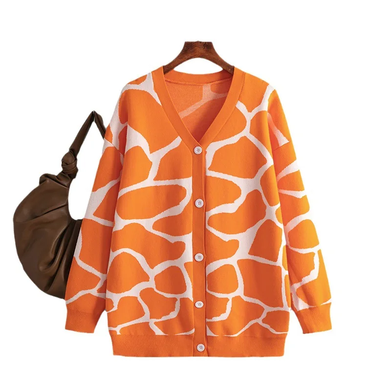 Autumn and Winter Jacquard Knitted Cardigan V-neck Long Water Ripple Pattern Loose Jacket for Women's Casual Jacket