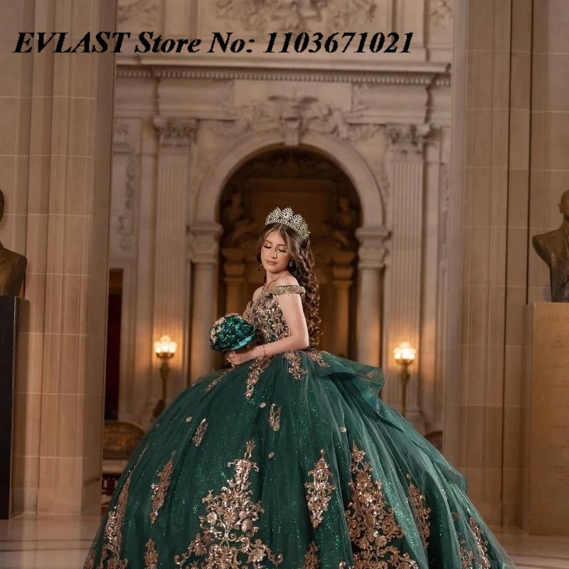 EVLAST Aangepaste Smaragdgroene Quinceanera Jurk Baljurk Gouden Kant Applique Kralen Boog Sweet 16 Vestidos De XV 15 Anos SQ6