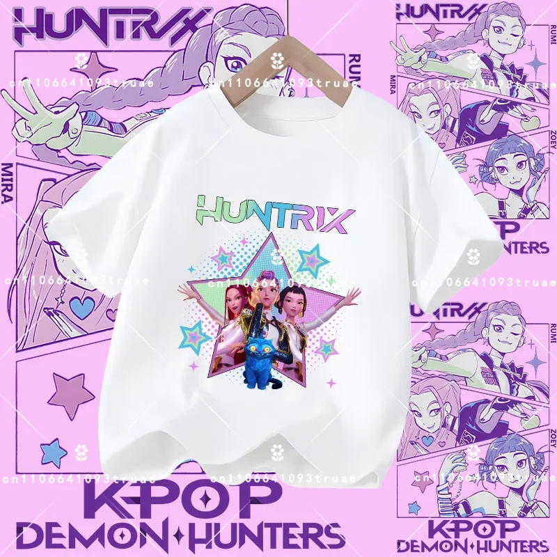 Summer T-shirt casual top with cartoon print, children's pure cotton short-sleeved K-pop Demon Hunter girl cute sports shirt