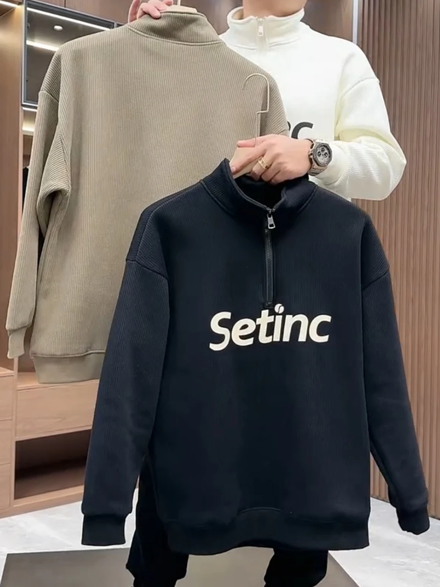 

Мужская утепленная толстовка на флисе с принтом, модная повседневная толстовка на молнии с воротником-стойкой, свободного кроя, осень-зима