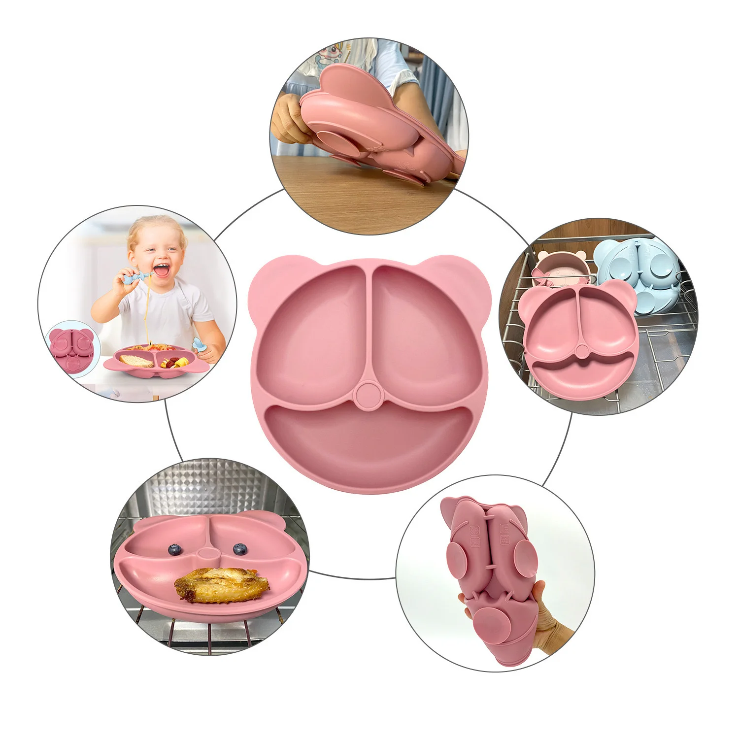 Customized Logo Name Baby Silicone Dish Feeding Set Suction Cup Engrave Personalize Bowl Divided Plate Kid Cute Eating Tableware