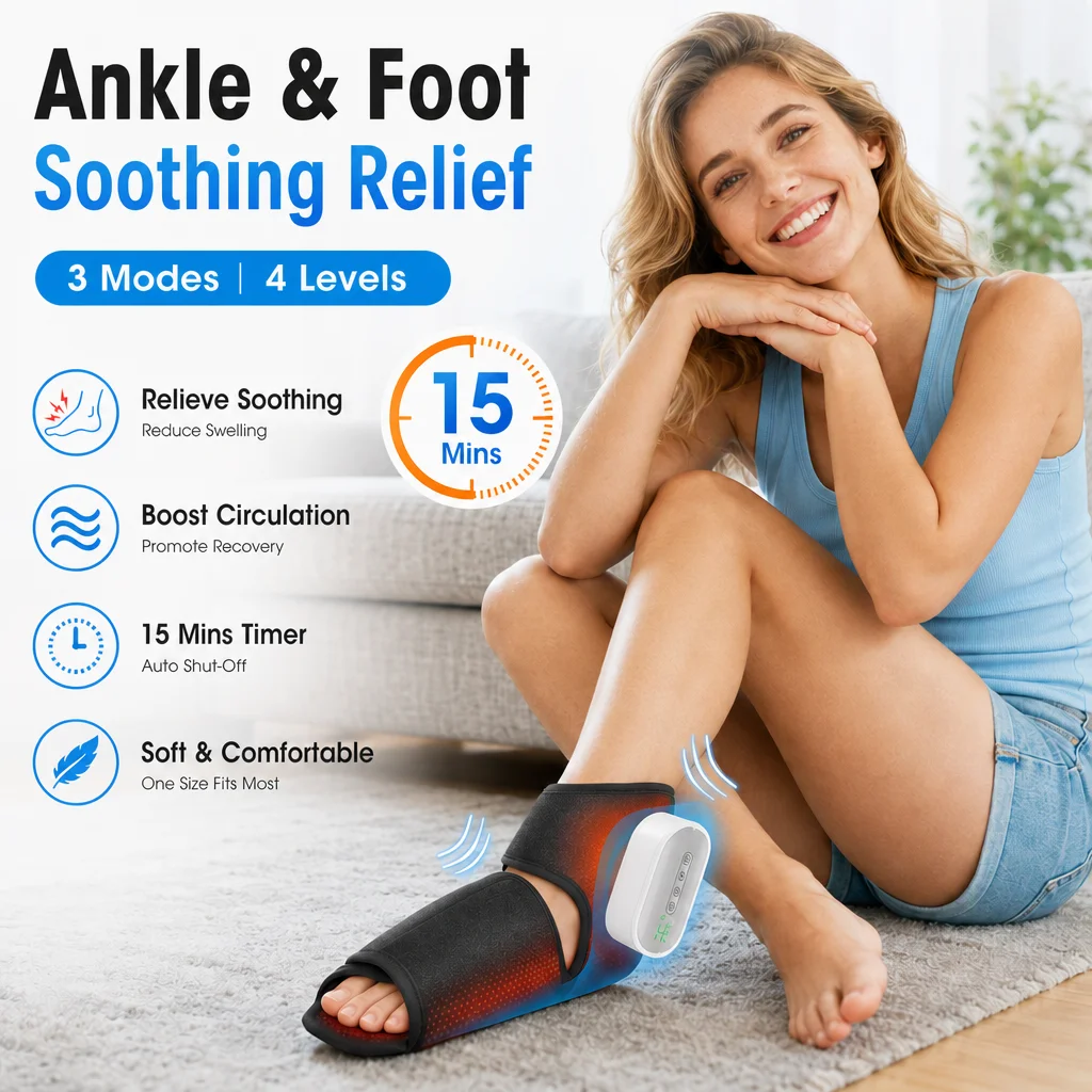 Foot and Ankle Massager with Dual Airbag Compression 3 Modes 4 Heat Levels Adjustable Intensity Cordless Rechargeable Electric Foot Massager for Tired Feet Soothing Relaxation Home Office Travel 3000mAh Battery Type C Fast Charging Lightweight Portable