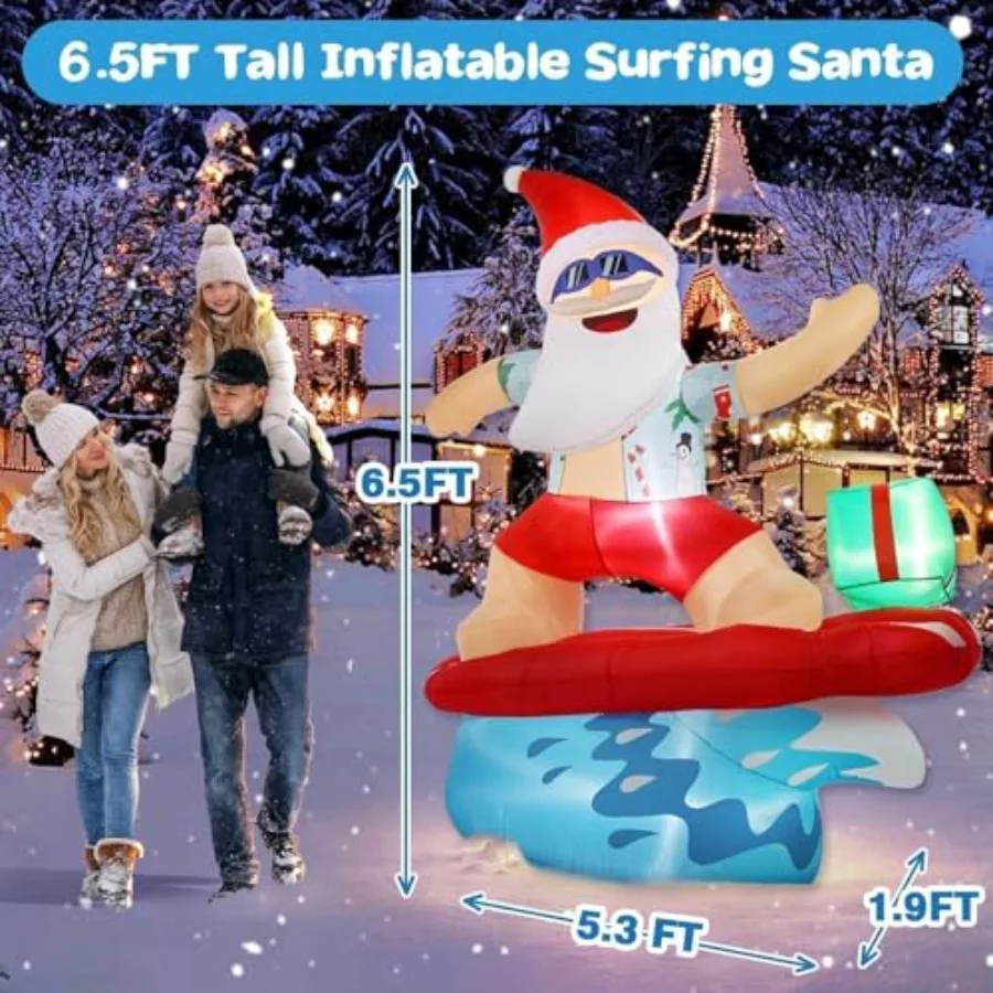 Outdoor Christmas Inflatable Santa Claus Decoration, PVC Material, Red And White, 6.5FT Tall Surfing Design With LED Lights For
