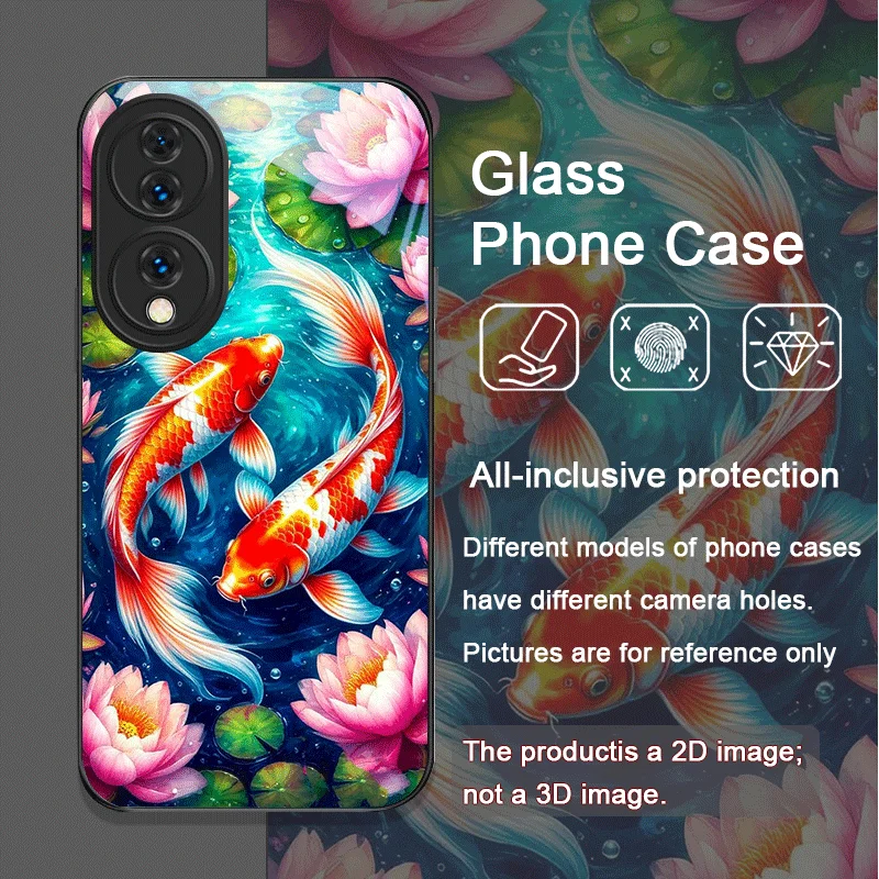 高級蓮の花鯉模様強化ガラス製スマホケース Huawei Honor 200 Lite 100 Pro 90 80 GT Magic 7 6 X8 X9対応