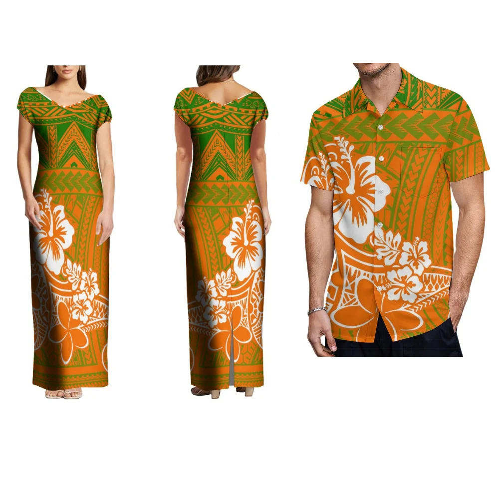 Damenkleid mit V-Ausschnitt, lockeres langes Kleid, Herrenhemd, maßgeschneidertes Paar-Set, polynesisches Stammes-Retro-Sommer-Kurzarm