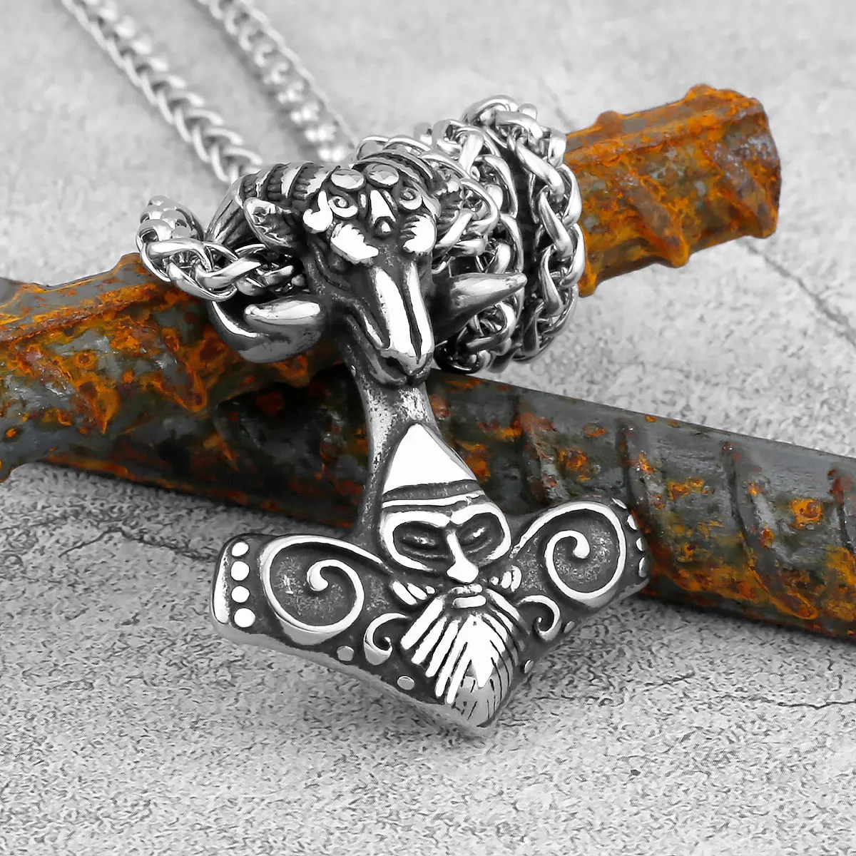 Viking Mjolnir Thor's Hammer Sheep Head Stainless Steel Pendant Necklace Scandinavian Pagan Norse Rune Totem Amulet Jewelry Gift