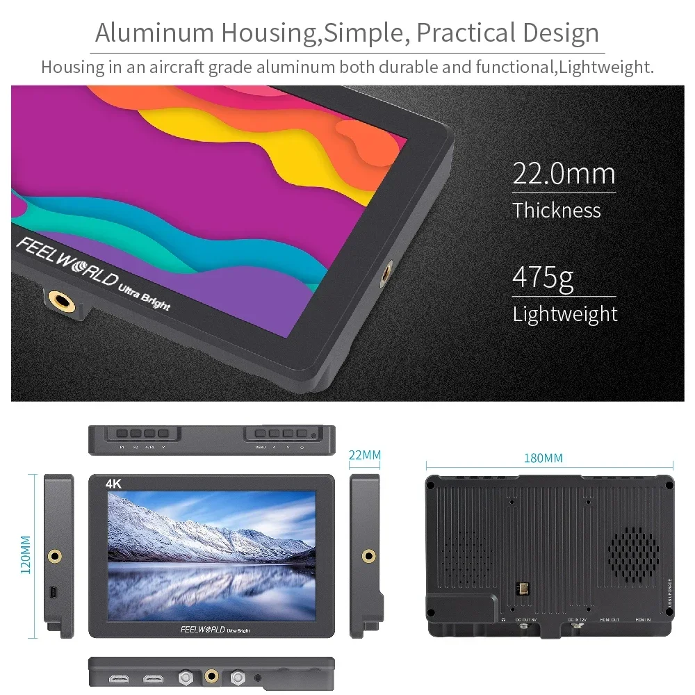 FEELWORLD L7 7 polegadas 4K HDMI 2200nit caixa de alumínio Monitor I/O 1920x1200 3D LUT tela de toque F970 duplo para DSLR