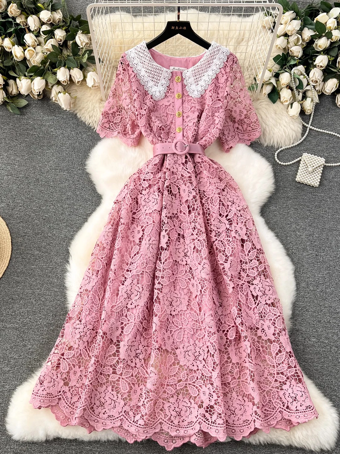 Summer Women Sweet Red/Pink/White Lace Party Dress Elegant Peter Pan Collar Single Breasted Short Sleeve Midi Vestidos Robe New