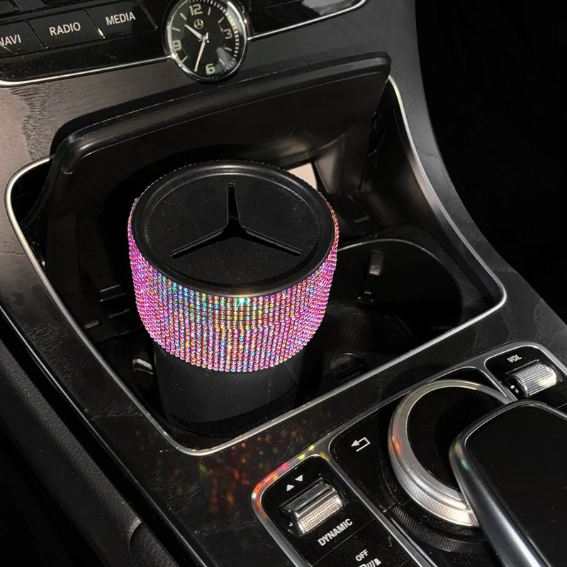 Crystal Car Trash Can with Lid Mini Auto Garbage Can Leakproof Vehicle Trash Bin Cup Holder Storage Sundries Car Accessories