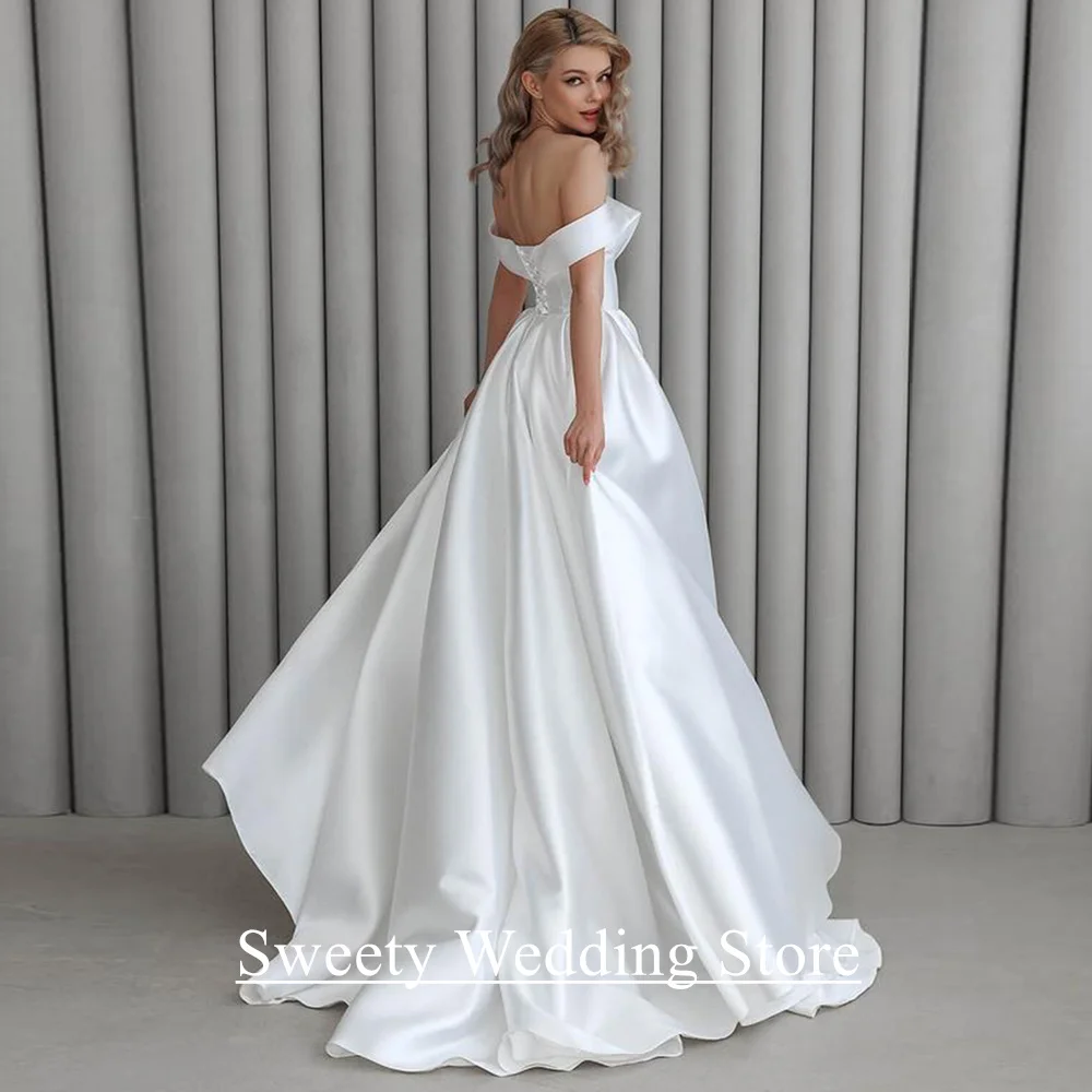 فساتين الزفاف الحديثة Vestido De Noiva مخصصة الخامس الرقبة قبالة الكتف ثنيات ألف خط قطار الاجتياح مشد فساتين الزفاف #2