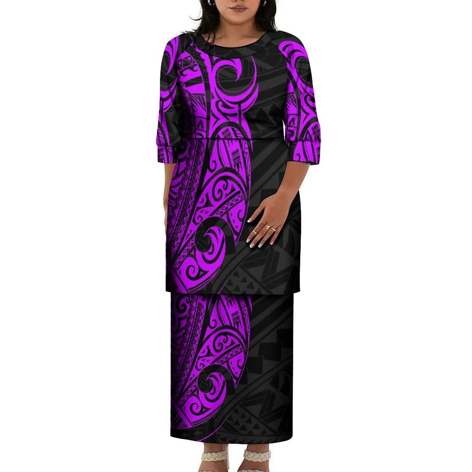 Dropshipping Custom Samoan Puletasi Dresses Set Large Size Women O Neck Prom Dress Tonga Samoan Print Half Sleeve Dress 2 Piece